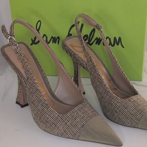 Sam Edelman Beige Tweed Pointed Slingback Heels